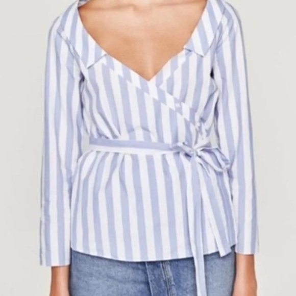 ZARA Stripe White Blue Button Up Collar Wrap Top - Picture 2 of 5